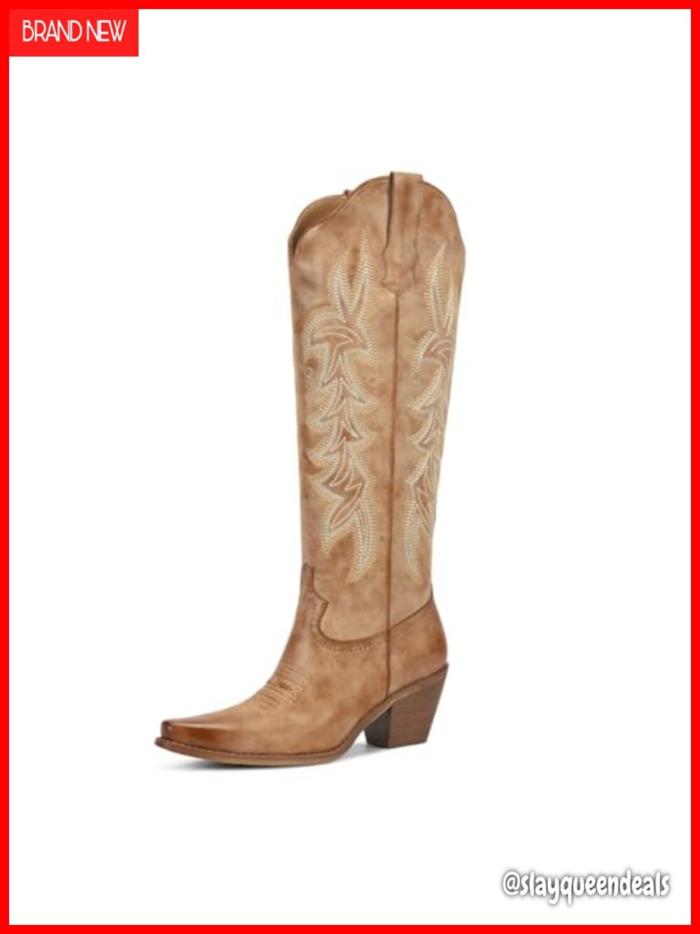 Faux Leather Pointed Toe Knee High Western Cowboy Boots Block Heel
